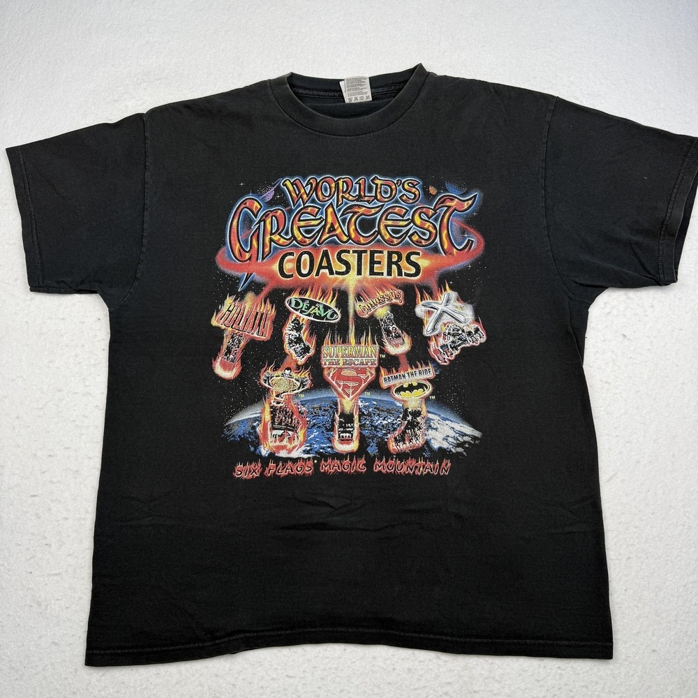 Vintage Six Flags Magic Mountain Shirt Mens XL Black Worlds Greatest Coasters